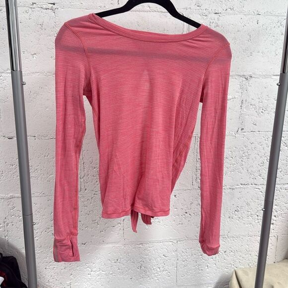 Women's Pink Striped LULULEMON Athletic Long Sleeve Open Back Knotted Top - XS - Picture 1 of 4